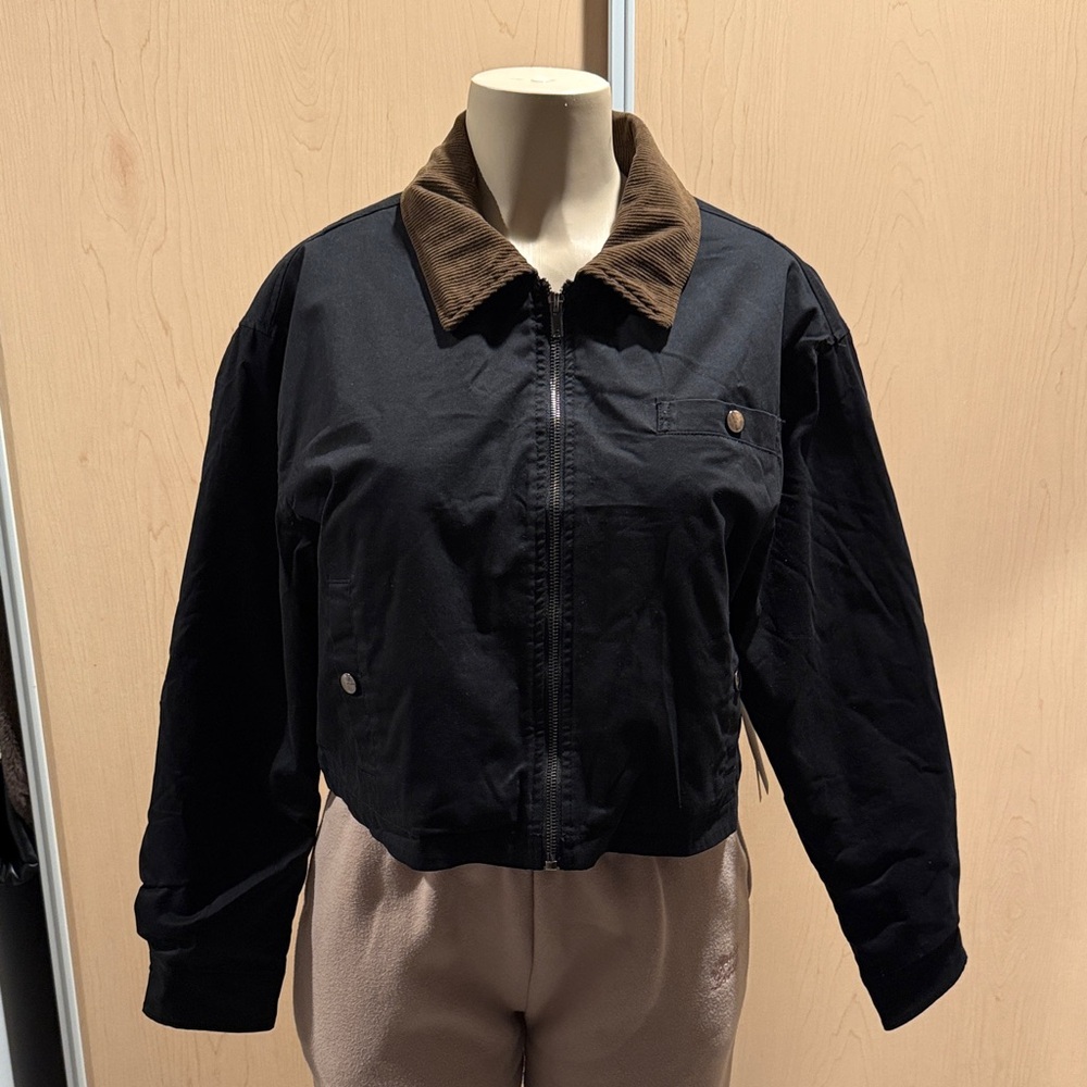 Iris Basic Black Bomber Jacket with Tan Collar NWT - image 1